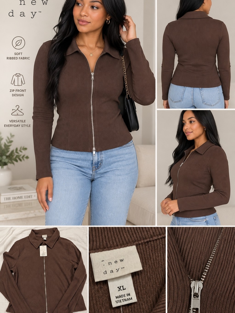 a new day Brown Ribbed Zip-Front Collared Top Size XL